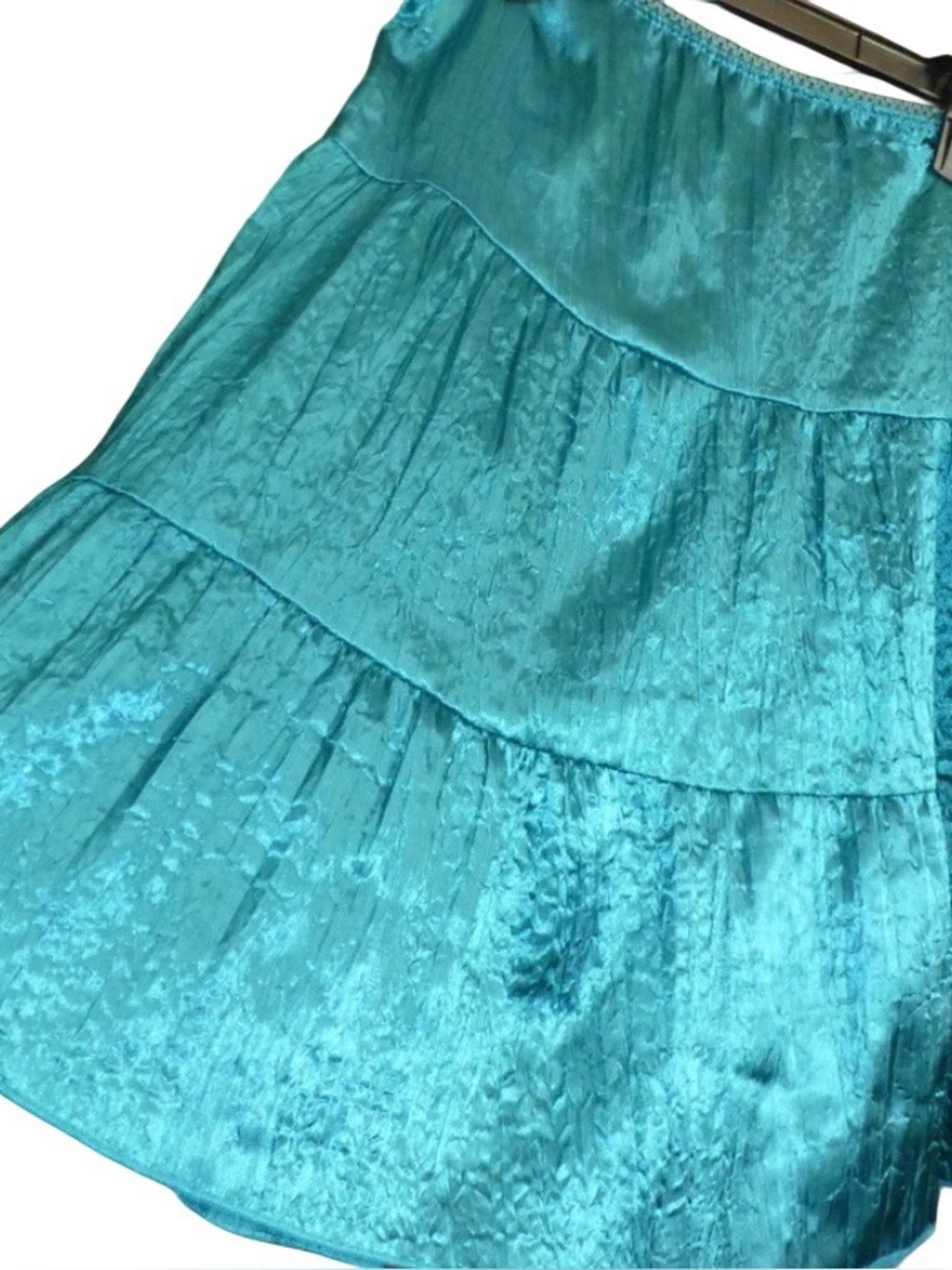 Y2K Teal Satin Tiered Skirt Crinkle Texture Boho Festival Mini Skirt Size M